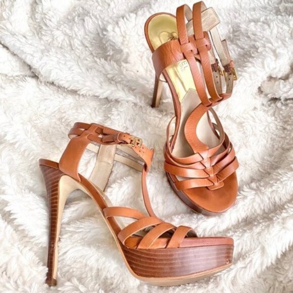 MICHAEL Michael Kors Shoes - Michael Kors Tan Leather Platform Heels Strappy Sandals Size 10